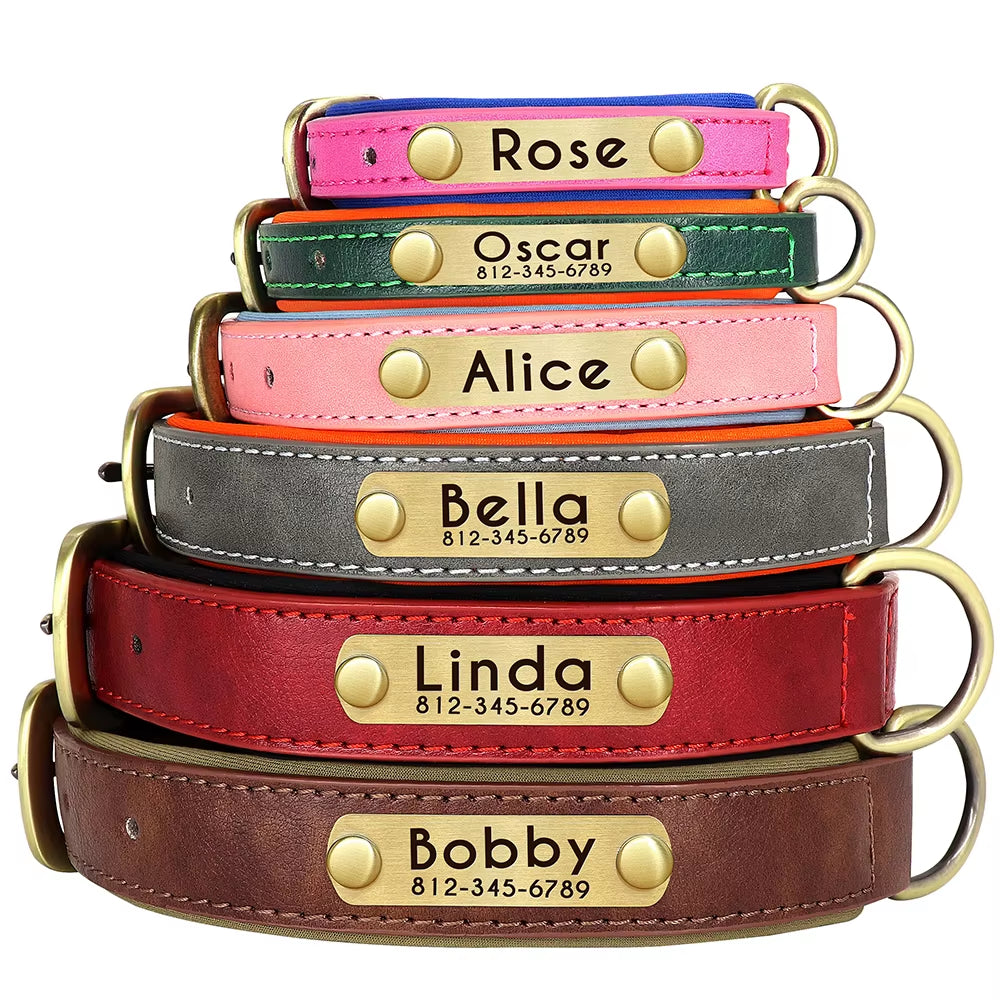 Customizable PU Leather Dog Collar with Padded Comfort and Complimentary Engraving for All Dog Sizes – Adjustable Design