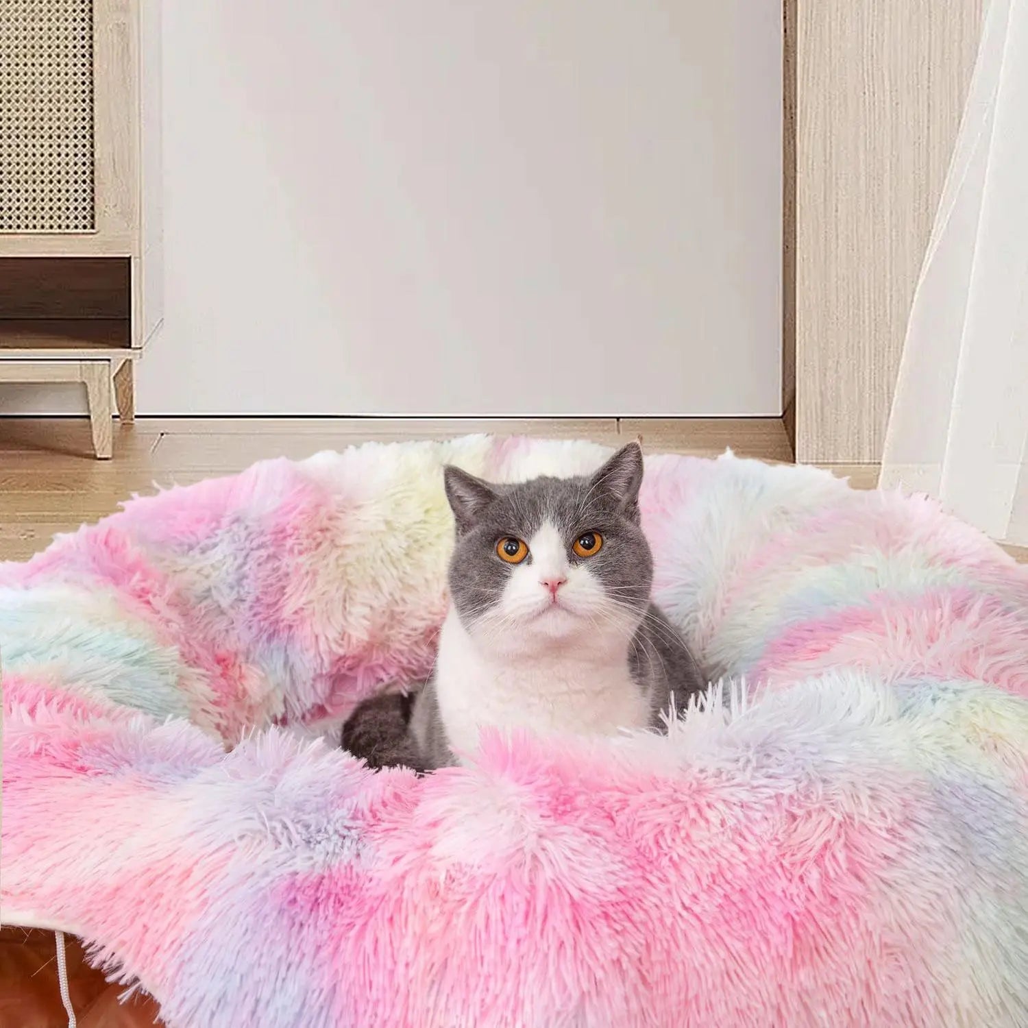 Premium Dual-Function Plush Cat Tunnel Bed with Cozy Donut Design, Enclosed Hideaway Play Area, and Non-Slip Base, Ideal for Multi-Cat Households