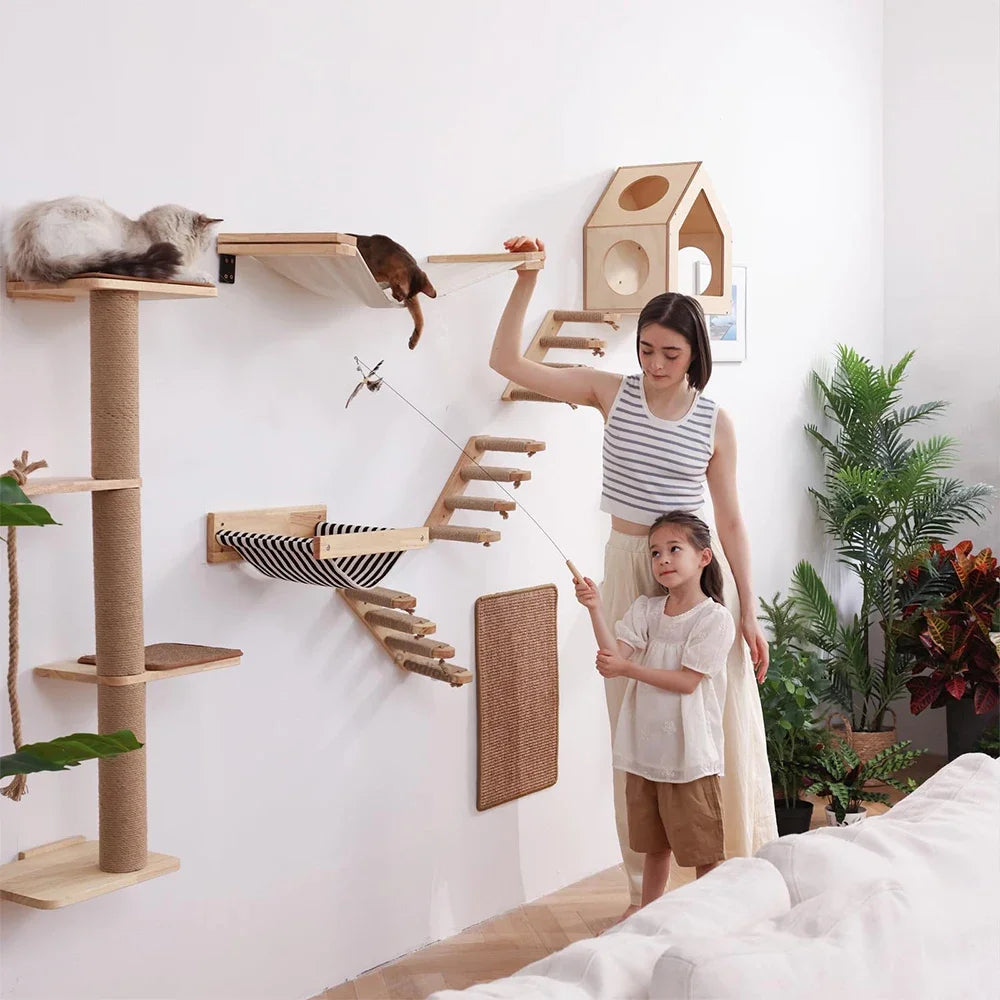Multi-Level Cat Wall Climbing Shelf and Scratching Post with Enclosed Hiding House