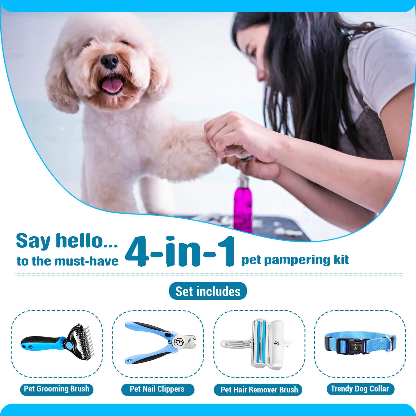 FIDEH 4-in-1 Professional Pet Care Set: Reusable Hair Remover Brush, Double-Sided Shedding Tool, Nail Clippers, and Nylon Collar for Medium Dogs (4 Pieces, Pink)