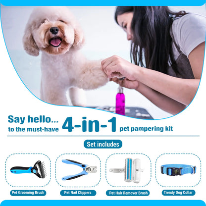 FIDEH 4-in-1 Professional Pet Care Set: Reusable Hair Remover Brush, Double-Sided Shedding Tool, Nail Clippers, and Nylon Collar for Medium Dogs (4 Pieces, Pink)