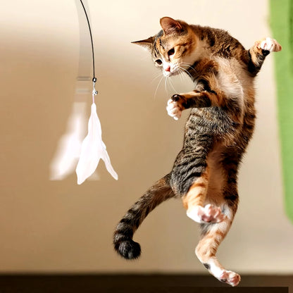 Interactive Cat Teaser Toy with Bell & Feather Wand - Long Suction Cup Pole for Engaging Playtime Experiences