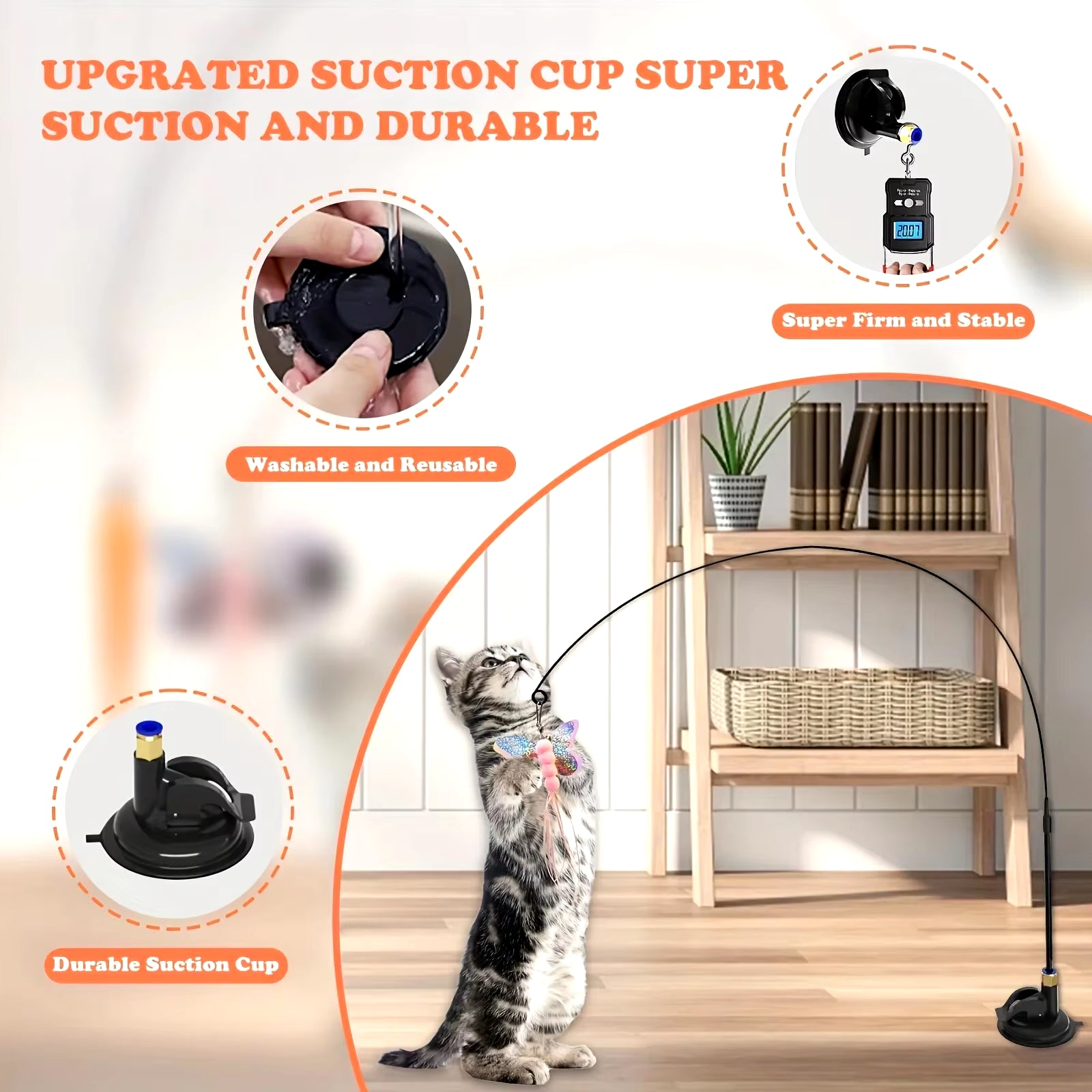 Interactive Cat Teaser Toy with Bell & Feather Wand - Long Suction Cup Pole for Engaging Playtime Experiences