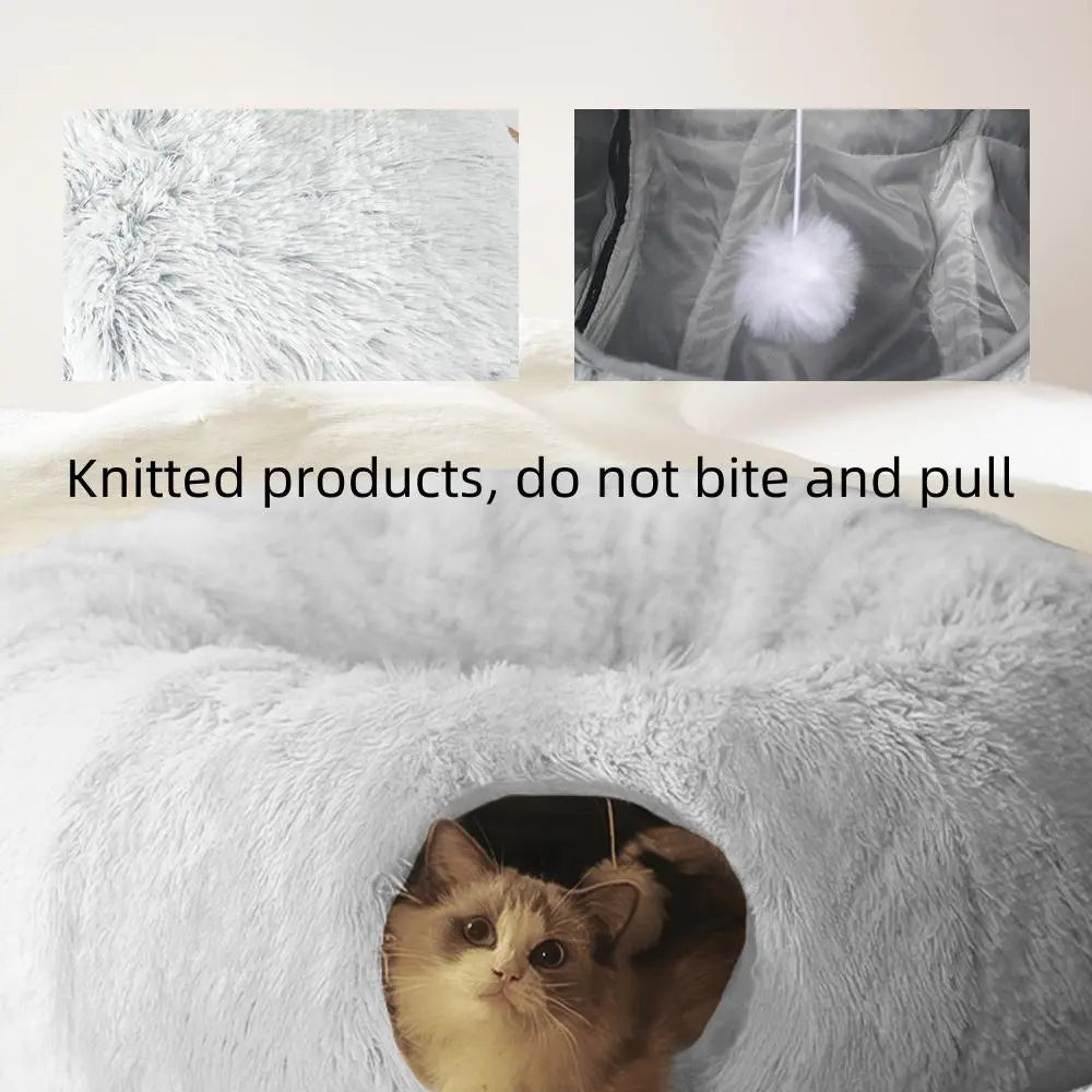 Premium Dual-Function Plush Cat Tunnel Bed with Cozy Donut Design, Enclosed Hideaway Play Area, and Non-Slip Base, Ideal for Multi-Cat Households