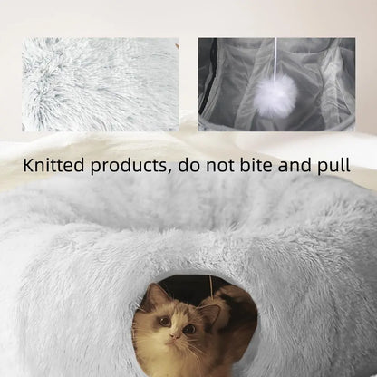 Premium Dual-Function Plush Cat Tunnel Bed with Cozy Donut Design, Enclosed Hideaway Play Area, and Non-Slip Base, Ideal for Multi-Cat Households