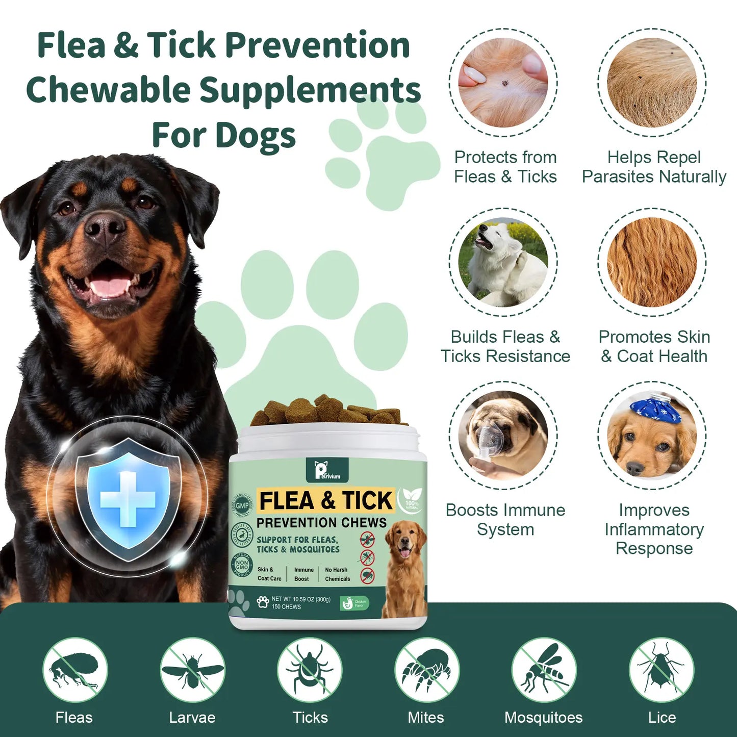 150 Count Petrivium Dog Flea and Tick Support Soft Chews - Natural Oral Supplement for All Breeds and Sizes - Chicken Flavor