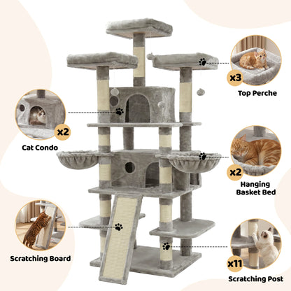 FOOWIN 173 cm (68 in) Large Multi-Level Cat Tree Tower - Indoor Activity Center with 2 Condos, 3 Plush Perches, and Scratching Post for Cats and Kittens
