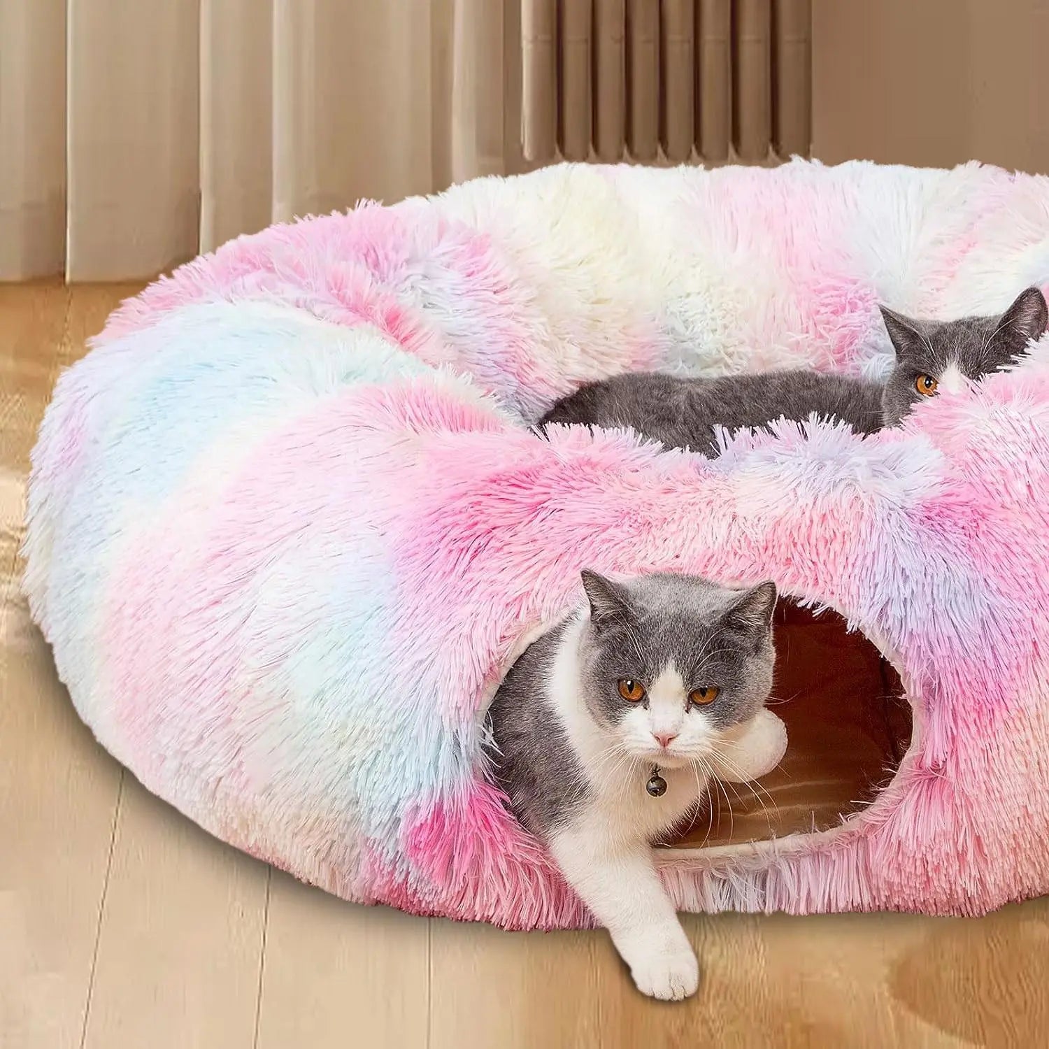 Premium Dual-Function Plush Cat Tunnel Bed with Cozy Donut Design, Enclosed Hideaway Play Area, and Non-Slip Base, Ideal for Multi-Cat Households