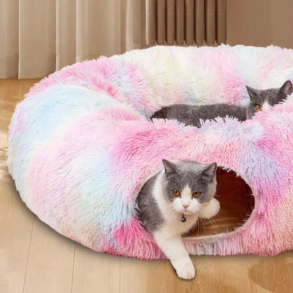 Premium Dual-Function Plush Cat Tunnel Bed with Cozy Donut Design, Enclosed Hideaway Play Area, and Non-Slip Base, Ideal for Multi-Cat Households