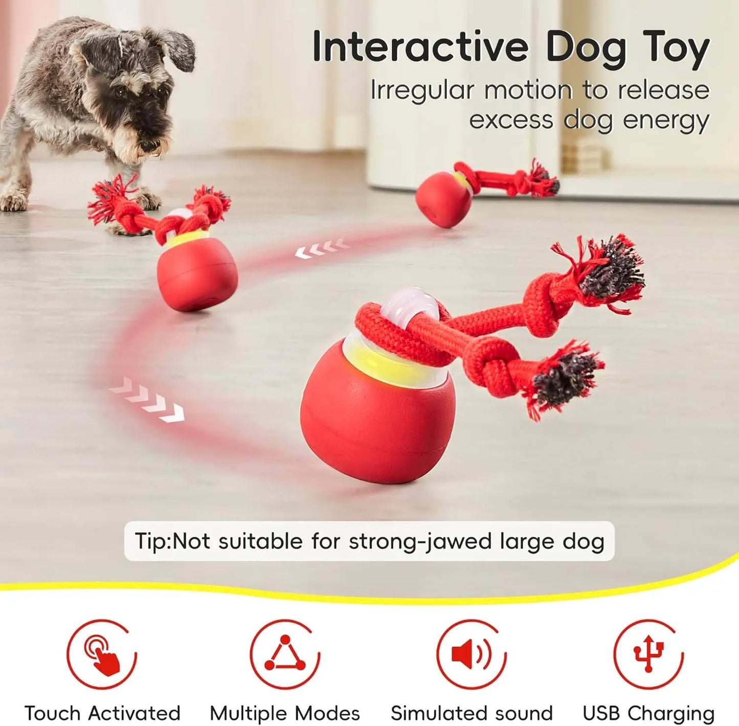 Potaroma Touch-Activated Rechargeable Interactive Dog Ball Toy with Rope, Squeaky Moving Ball for Medium and Small Dogs, Dark Red