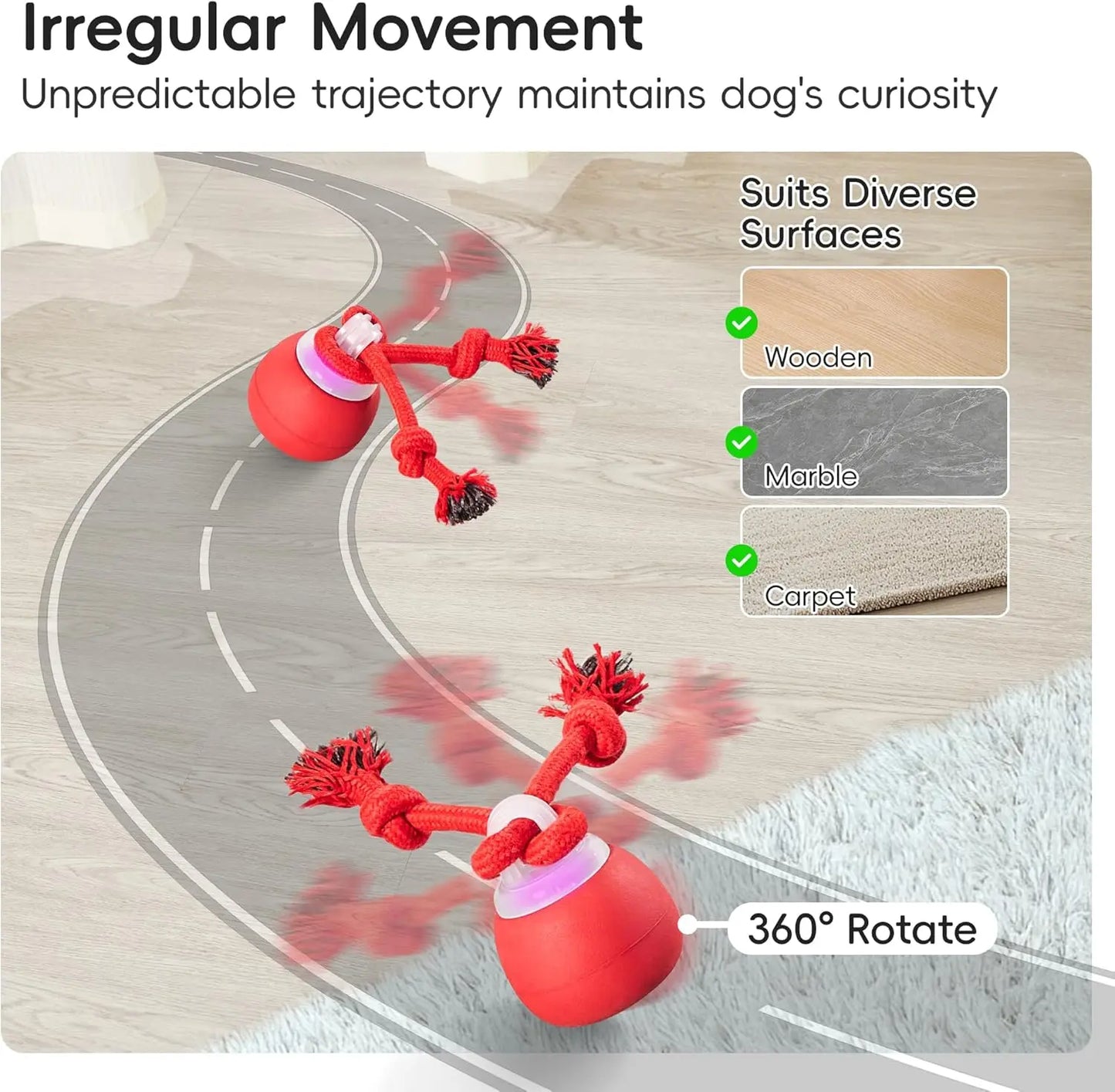 Potaroma Touch-Activated Rechargeable Interactive Dog Ball Toy with Rope, Squeaky Moving Ball for Medium and Small Dogs, Dark Red