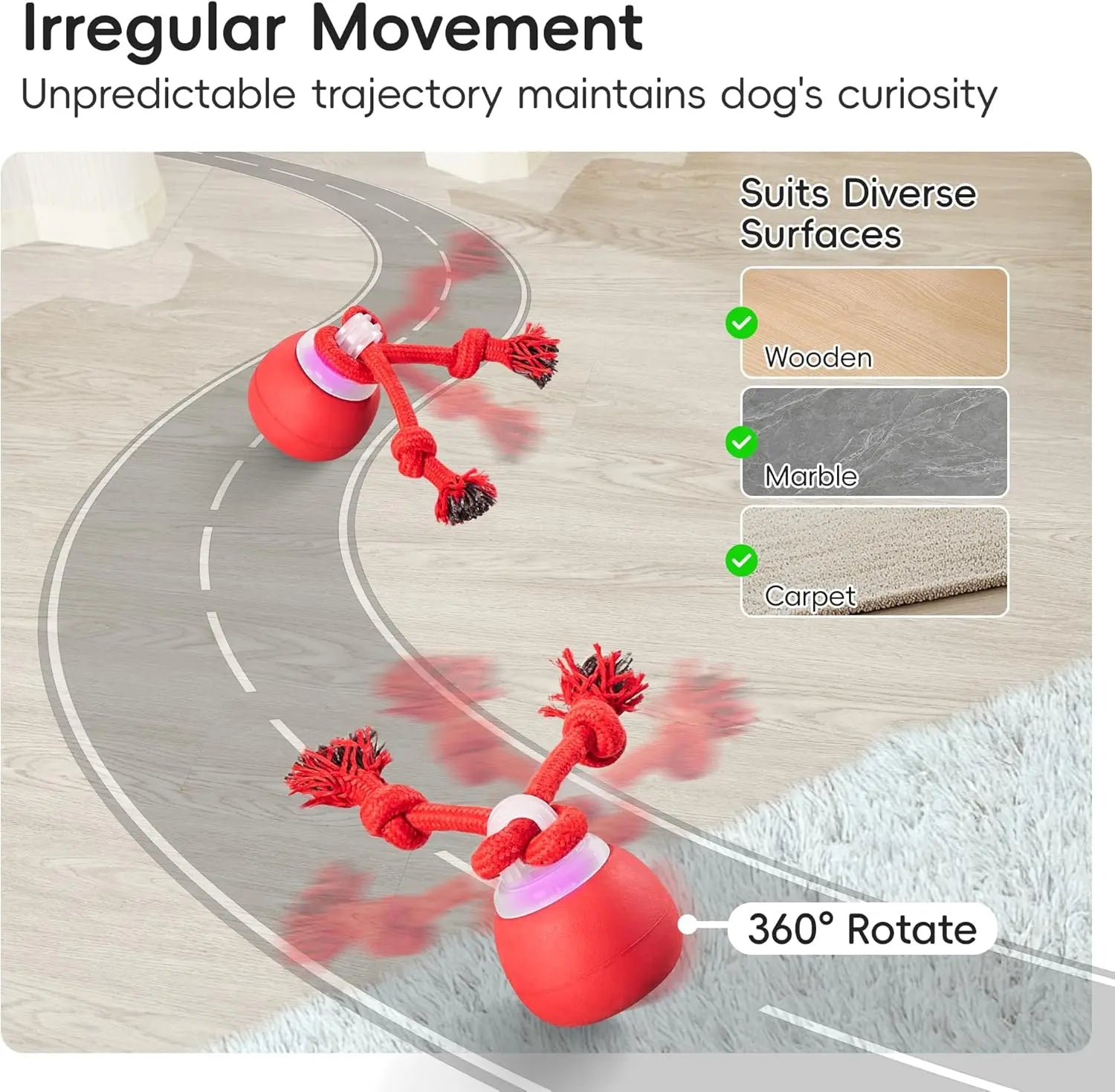 Potaroma Touch-Activated Rechargeable Interactive Dog Ball Toy with Rope, Squeaky Moving Ball for Medium and Small Dogs, Dark Red