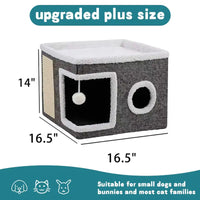 Large Cat Bed for Indoor Cats, Soft Foldable Cat Cave Hideaway for Kittens & Adult Cats with Sisal Scratch Pad & Hanging Fluffy Ball, 16.5"X16.5"X14", Grey