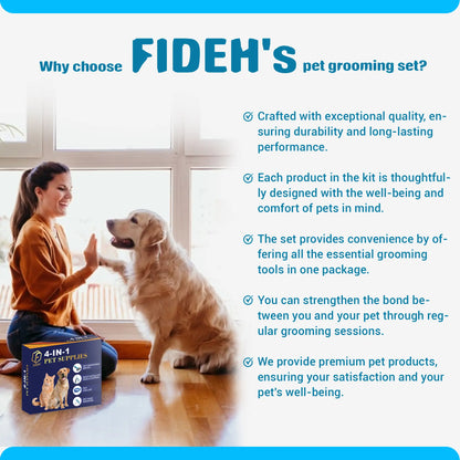FIDEH 4-in-1 Professional Pet Care Set: Reusable Hair Remover Brush, Double-Sided Shedding Tool, Nail Clippers, and Nylon Collar for Medium Dogs (4 Pieces, Pink)