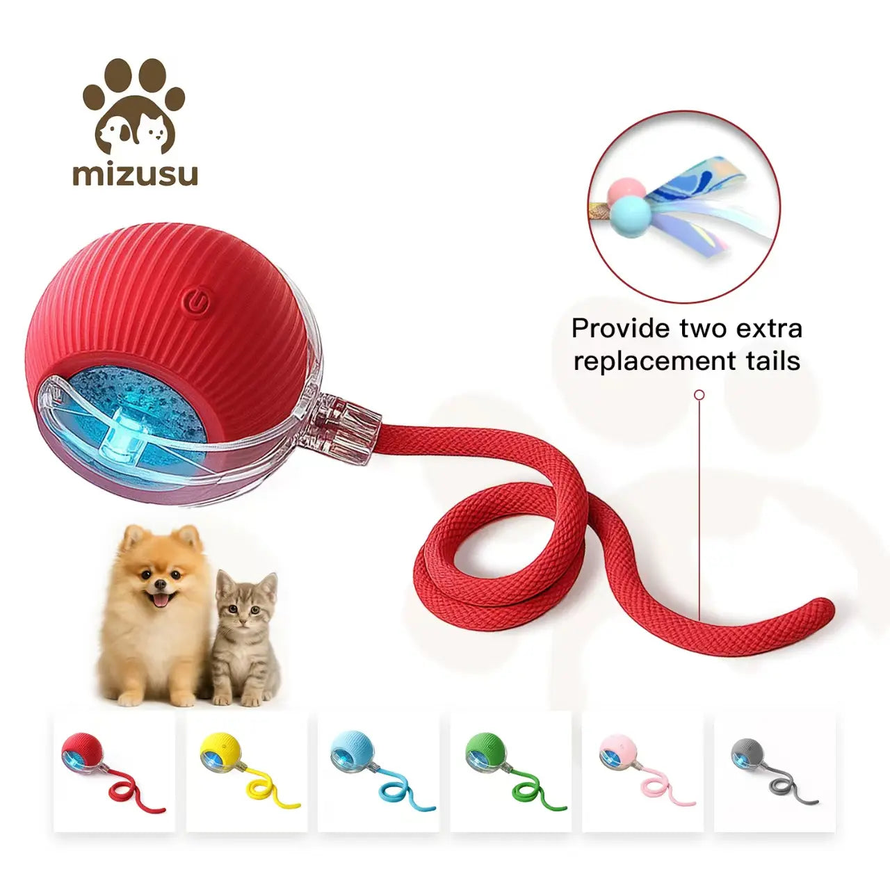 Mizusu Interactive Teaser Toy for Cats and Dogs, Includes Two Additional Tails and Rolling Ball, Premium Pet Supplies and Accessories