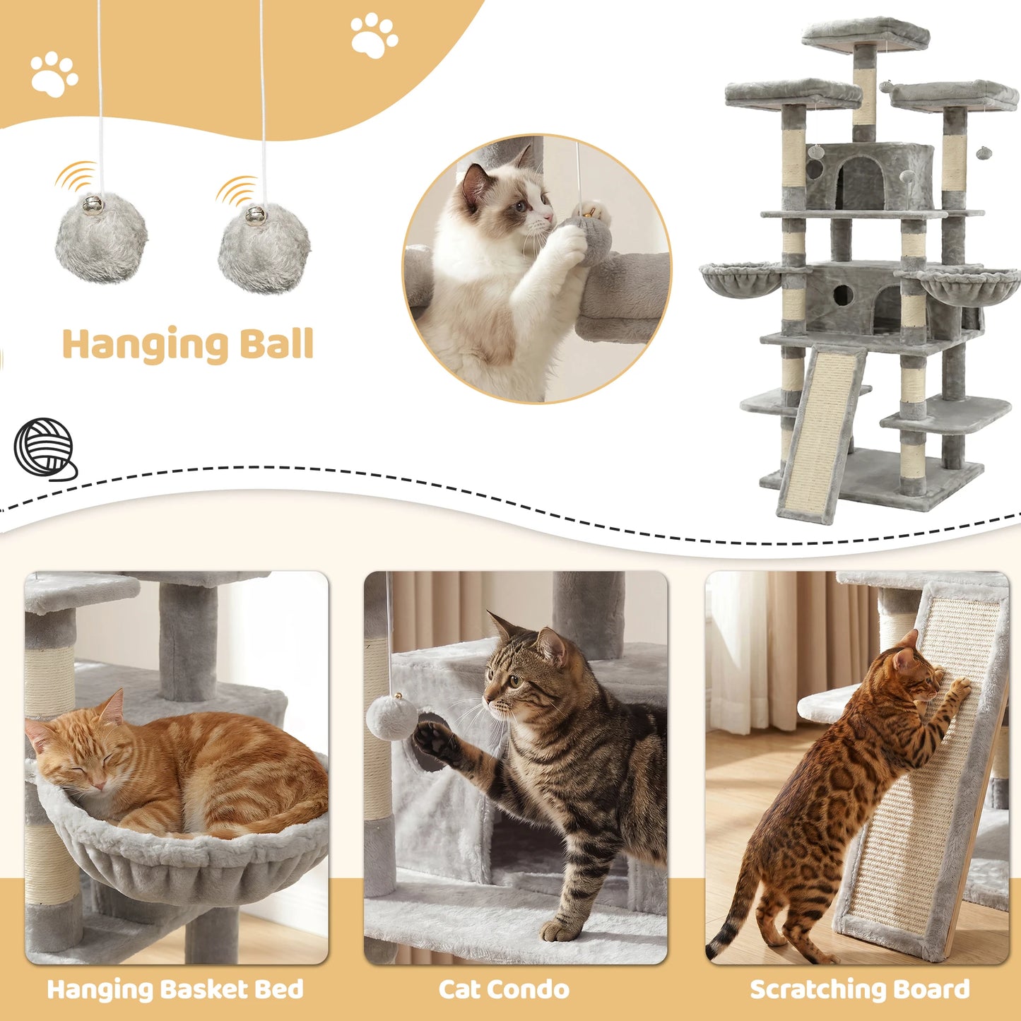 FOOWIN 173 cm (68 in) Large Multi-Level Cat Tree Tower - Indoor Activity Center with 2 Condos, 3 Plush Perches, and Scratching Post for Cats and Kittens