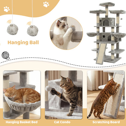 FOOWIN 173 cm (68 in) Large Multi-Level Cat Tree Tower - Indoor Activity Center with 2 Condos, 3 Plush Perches, and Scratching Post for Cats and Kittens
