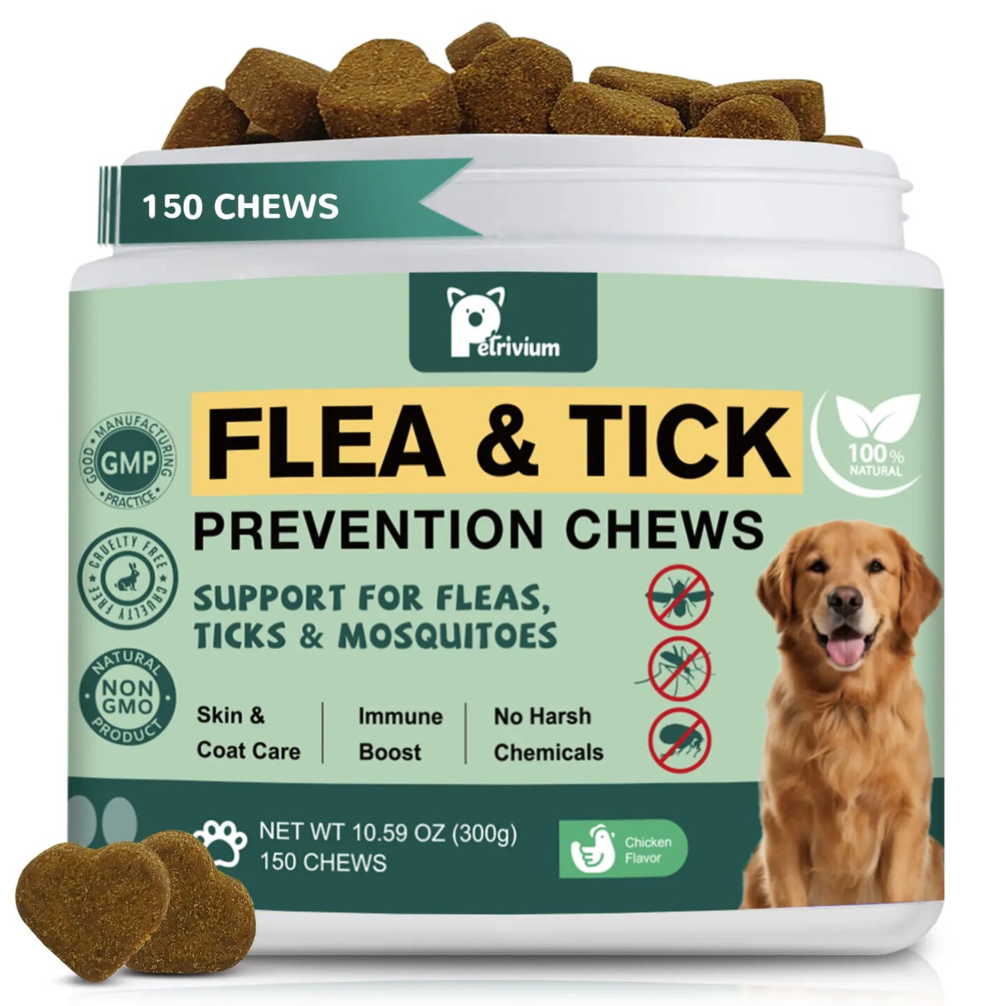 150 Count Petrivium Dog Flea and Tick Support Soft Chews - Natural Oral Supplement for All Breeds and Sizes - Chicken Flavor