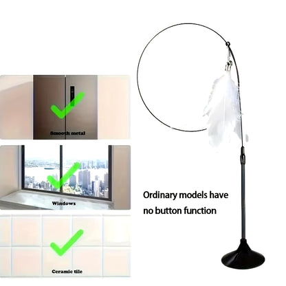 Interactive Cat Teaser Toy with Bell & Feather Wand - Long Suction Cup Pole for Engaging Playtime Experiences