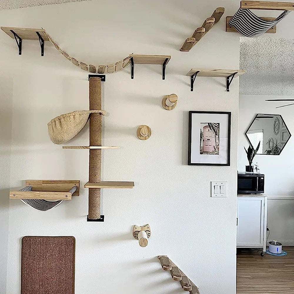 Multi-Level Cat Wall Climbing Shelf and Scratching Post with Enclosed Hiding House