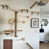 Multi-Level Cat Wall Climbing Shelf and Scratching Post with Enclosed Hiding House