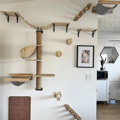 Multi-Level Cat Wall Climbing Shelf and Scratching Post with Enclosed Hiding House