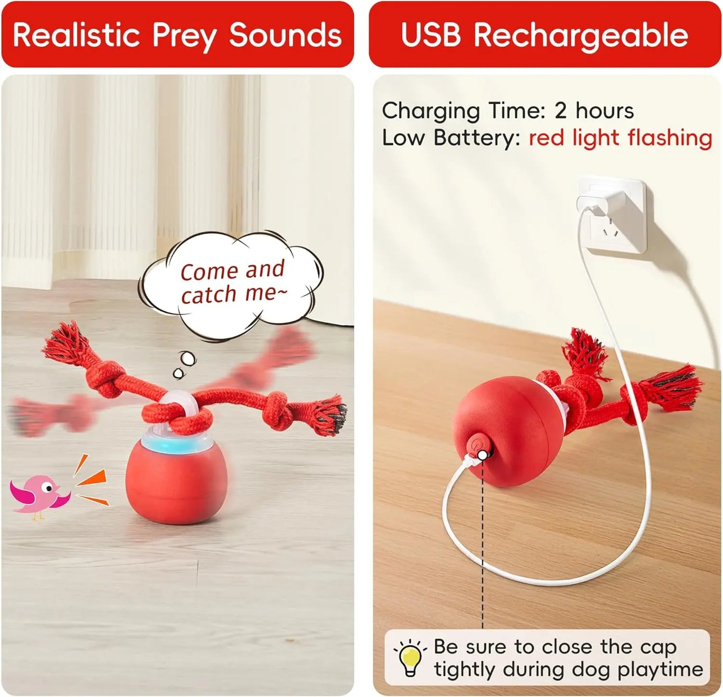 Potaroma Touch-Activated Rechargeable Interactive Dog Ball Toy with Rope, Squeaky Moving Ball for Medium and Small Dogs, Dark Red