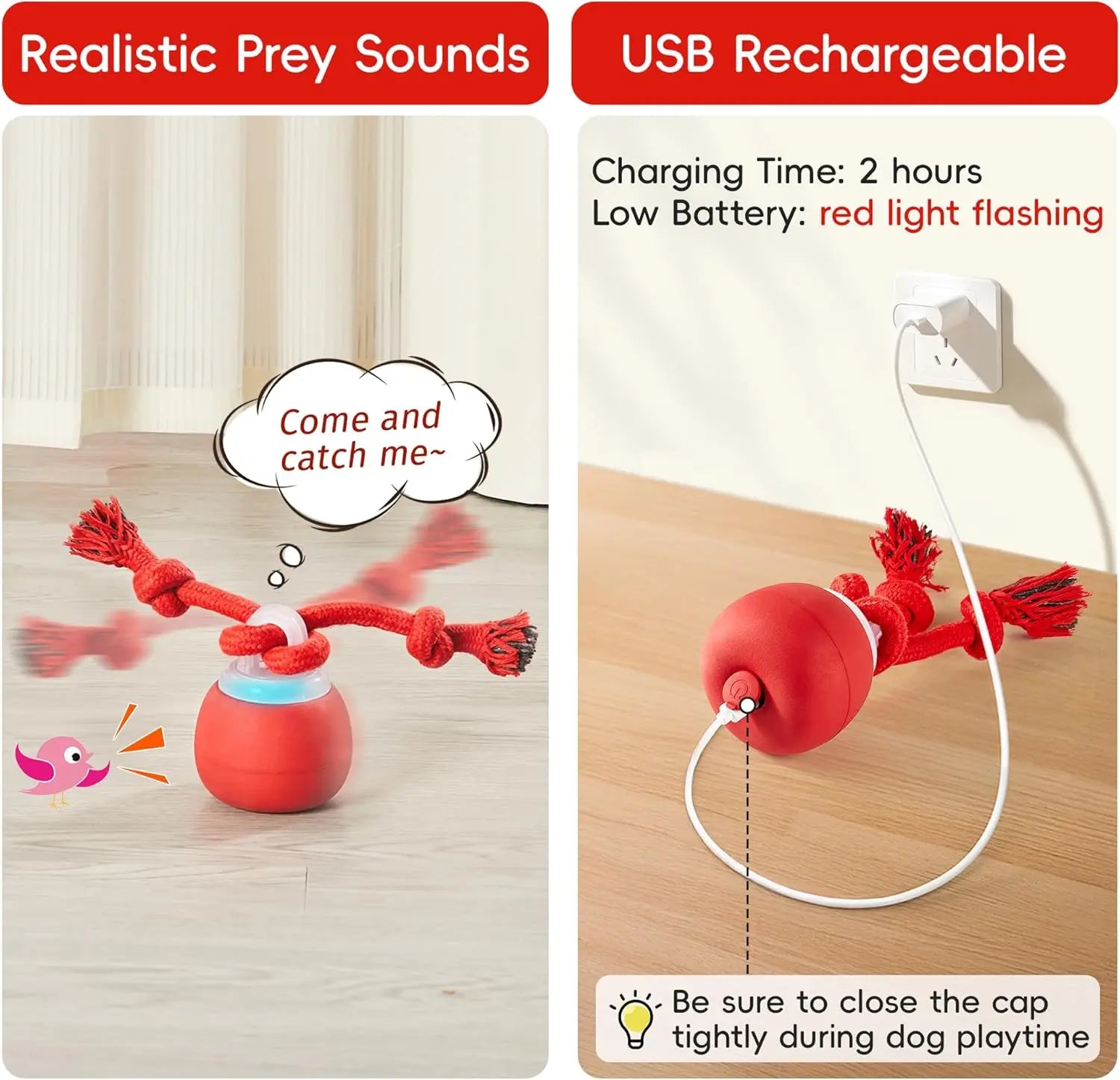 Potaroma Touch-Activated Rechargeable Interactive Dog Ball Toy with Rope, Squeaky Moving Ball for Medium and Small Dogs, Dark Red