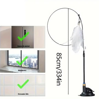 Interactive Cat Teaser Toy with Bell & Feather Wand - Long Suction Cup Pole for Engaging Playtime Experiences