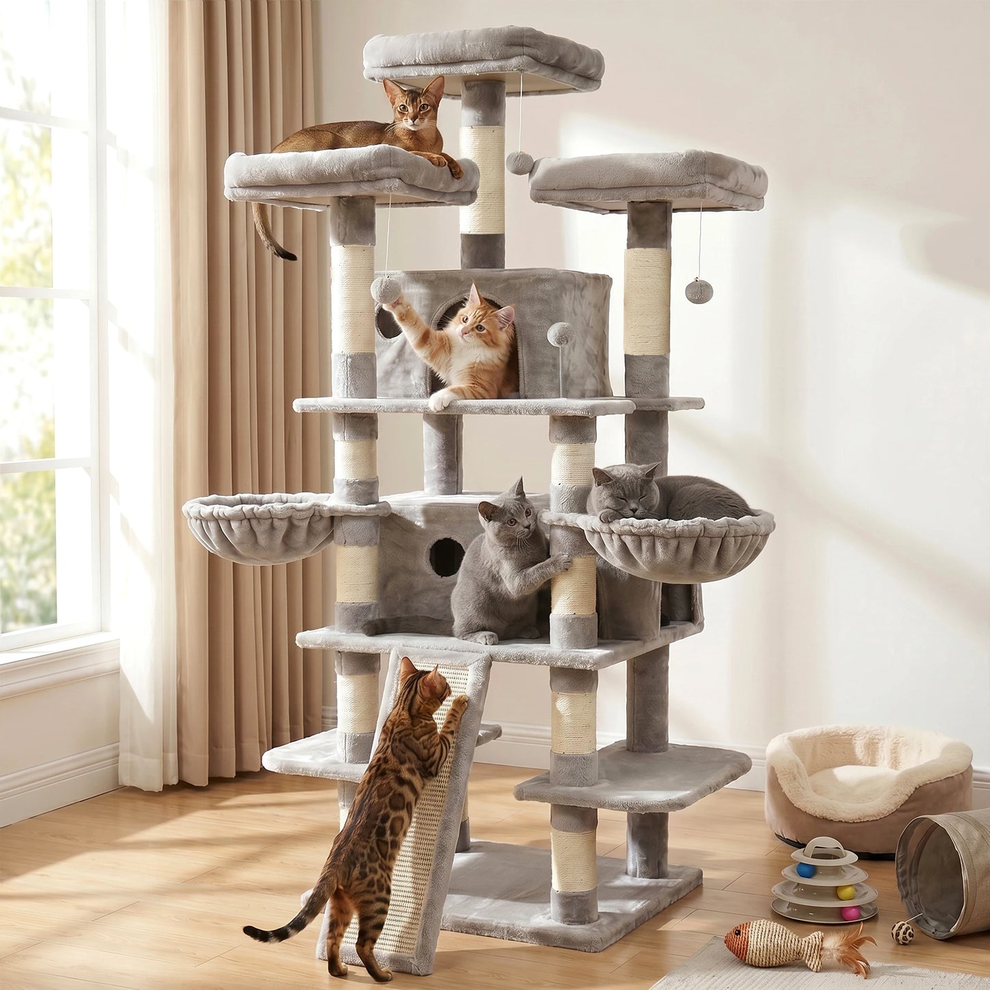 FOOWIN 173 cm (68 in) Large Multi-Level Cat Tree Tower - Indoor Activity Center with 2 Condos, 3 Plush Perches, and Scratching Post for Cats and Kittens