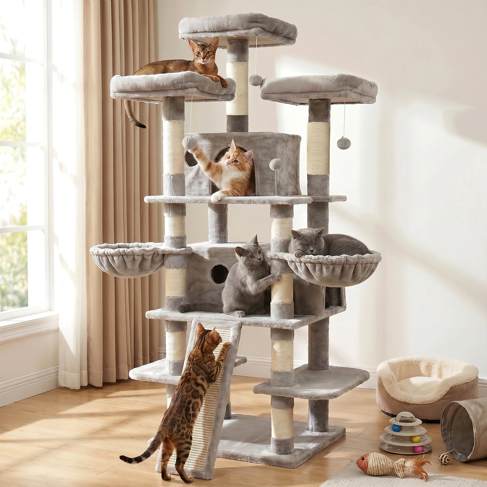 FOOWIN 173 cm (68 in) Large Multi-Level Cat Tree Tower - Indoor Activity Center with 2 Condos, 3 Plush Perches, and Scratching Post for Cats and Kittens