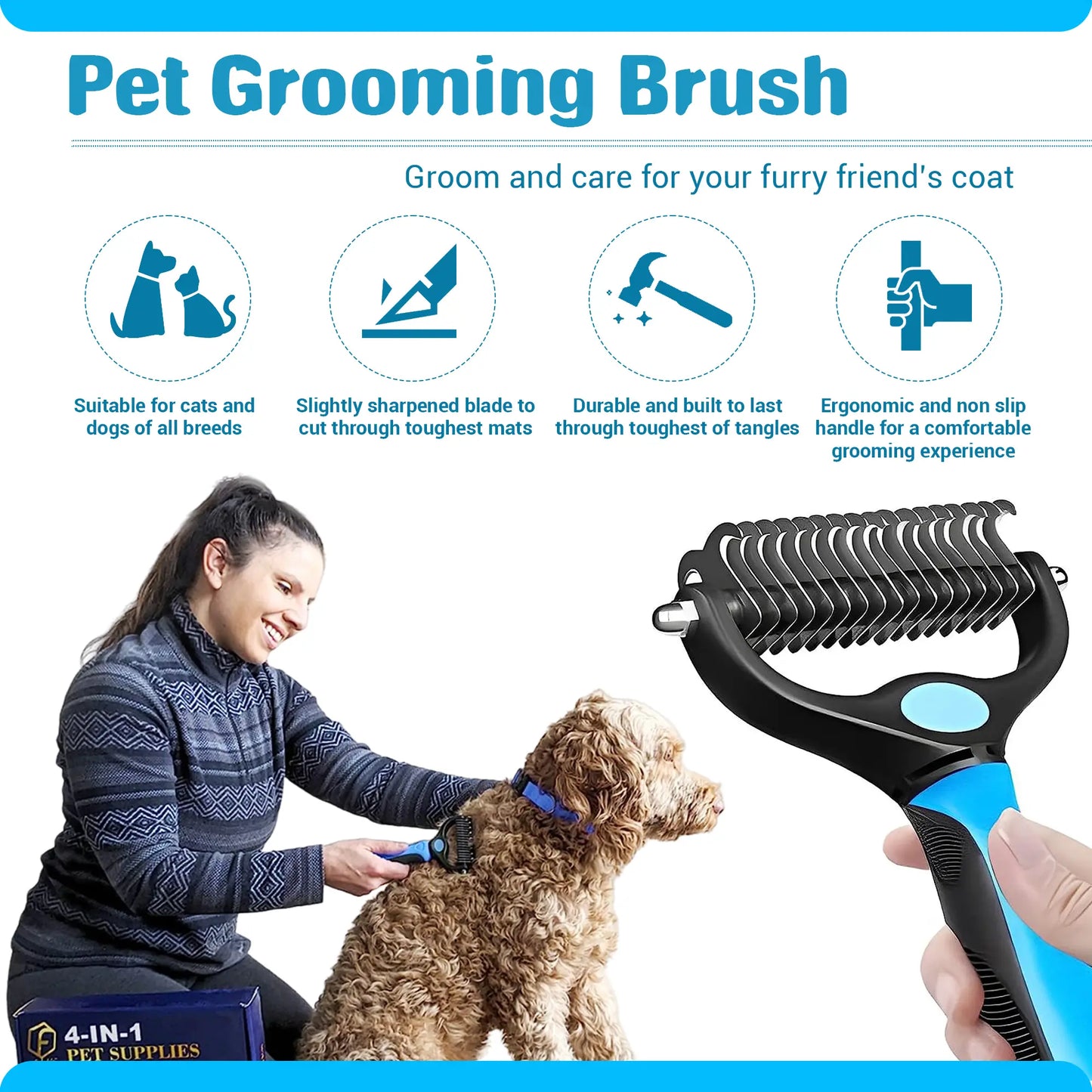 FIDEH 4-in-1 Professional Pet Care Set: Reusable Hair Remover Brush, Double-Sided Shedding Tool, Nail Clippers, and Nylon Collar for Medium Dogs (4 Pieces, Pink)