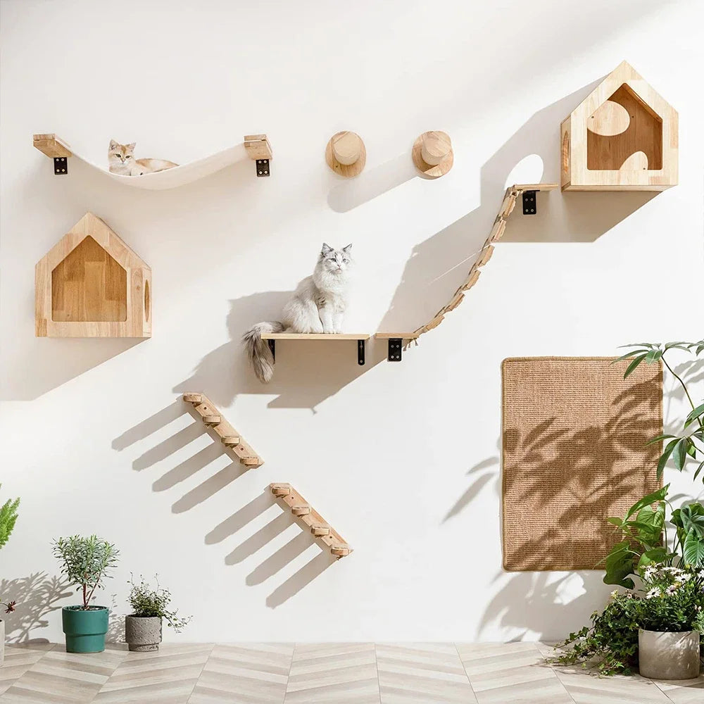 Multi-Level Cat Wall Climbing Shelf and Scratching Post with Enclosed Hiding House