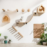 Multi-Level Cat Wall Climbing Shelf and Scratching Post with Enclosed Hiding House