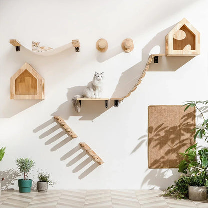 Multi-Level Cat Wall Climbing Shelf and Scratching Post with Enclosed Hiding House