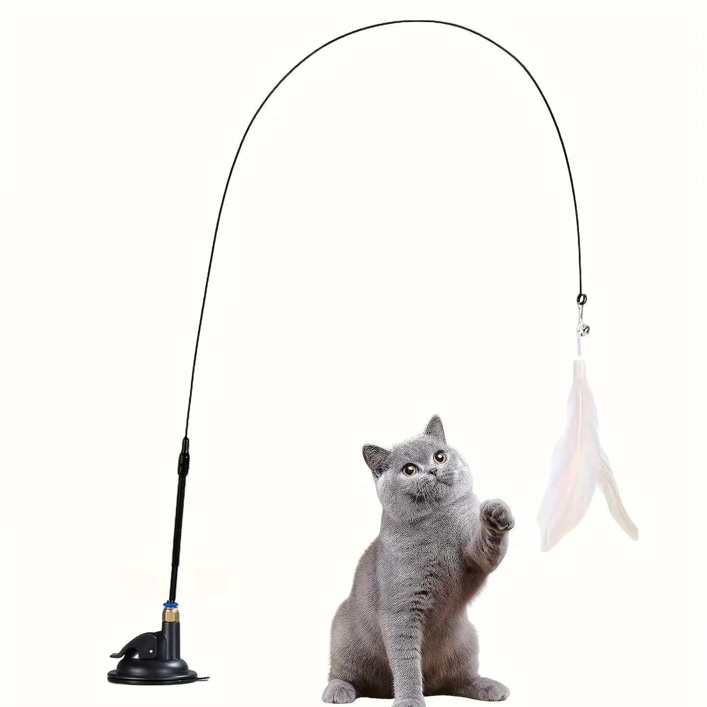 Interactive Cat Teaser Toy with Bell & Feather Wand - Long Suction Cup Pole for Engaging Playtime Experiences