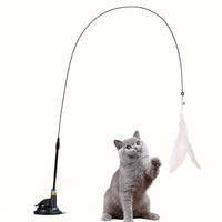 Interactive Cat Teaser Toy with Bell & Feather Wand - Long Suction Cup Pole for Engaging Playtime Experiences