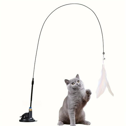 Interactive Cat Teaser Toy with Bell & Feather Wand - Long Suction Cup Pole for Engaging Playtime Experiences