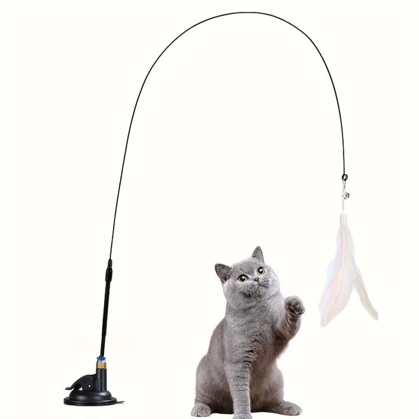 Interactive Cat Teaser Toy with Bell & Feather Wand - Long Suction Cup Pole for Engaging Playtime Experiences