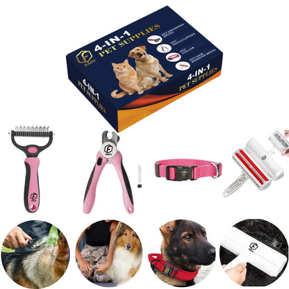 FIDEH 4-in-1 Professional Pet Care Set: Reusable Hair Remover Brush, Double-Sided Shedding Tool, Nail Clippers, and Nylon Collar for Medium Dogs (4 Pieces, Pink)