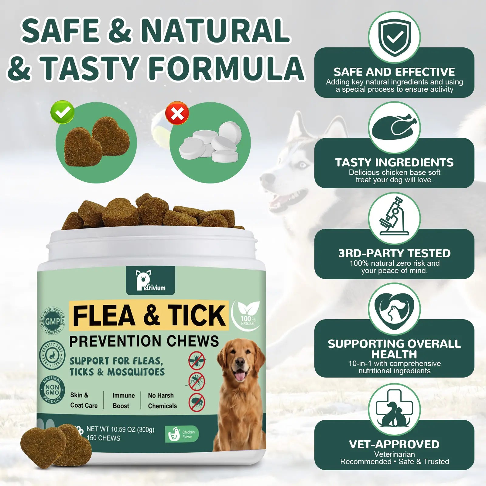 150 Count Petrivium Dog Flea and Tick Support Soft Chews - Natural Oral Supplement for All Breeds and Sizes - Chicken Flavor
