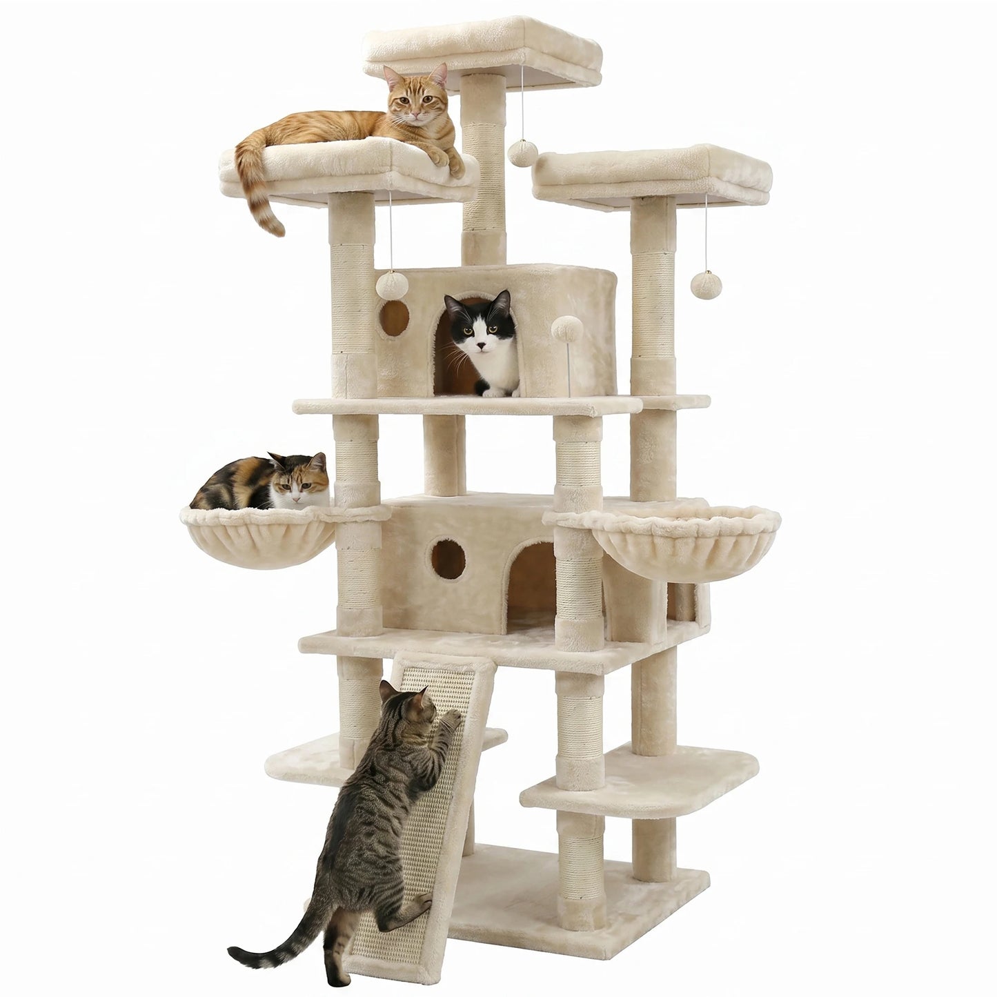 FOOWIN 173 cm (68 in) Large Multi-Level Cat Tree Tower - Indoor Activity Center with 2 Condos, 3 Plush Perches, and Scratching Post for Cats and Kittens