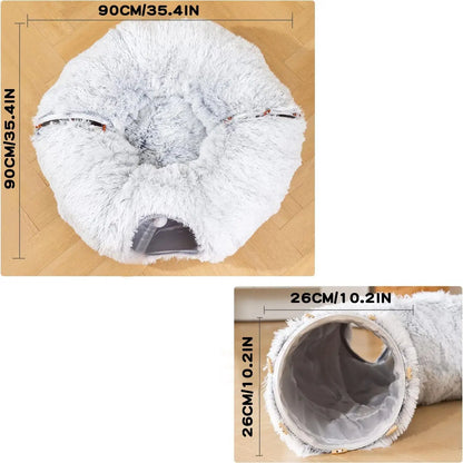 Premium Dual-Function Plush Cat Tunnel Bed with Cozy Donut Design, Enclosed Hideaway Play Area, and Non-Slip Base, Ideal for Multi-Cat Households