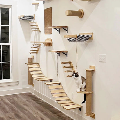 Multi-Level Cat Wall Climbing Shelf and Scratching Post with Enclosed Hiding House