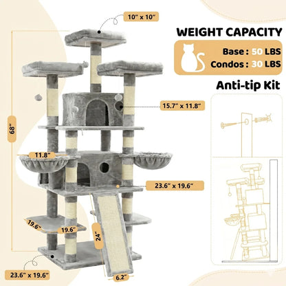 FOOWIN 173 cm (68 in) Large Multi-Level Cat Tree Tower - Indoor Activity Center with 2 Condos, 3 Plush Perches, and Scratching Post for Cats and Kittens