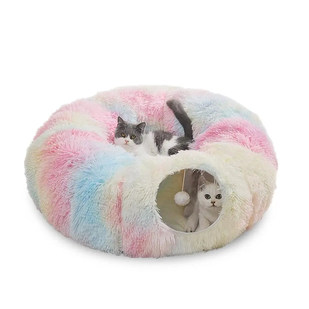 Premium Dual-Function Plush Cat Tunnel Bed with Cozy Donut Design, Enclosed Hideaway Play Area, and Non-Slip Base, Ideal for Multi-Cat Households