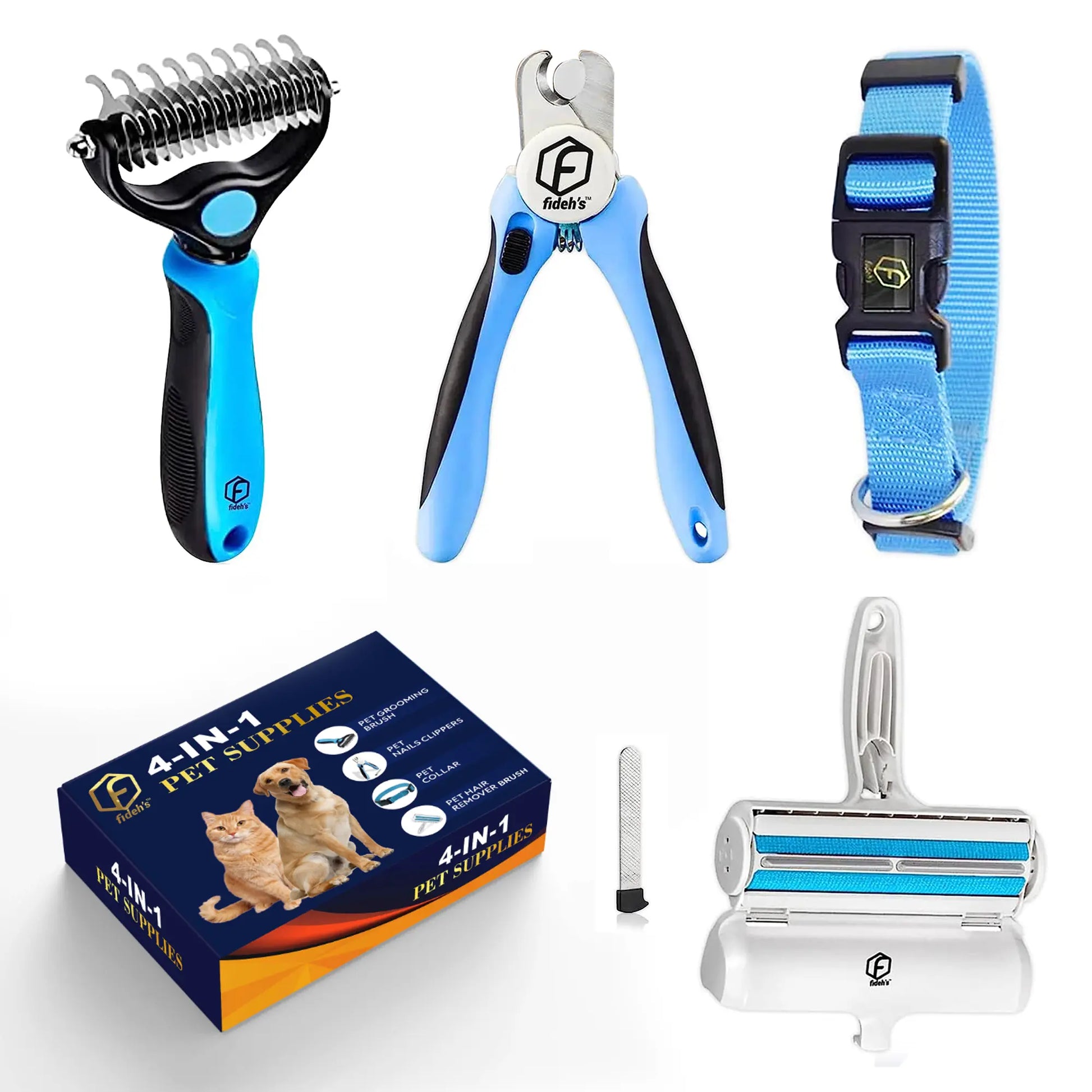 FIDEH 4-in-1 Professional Pet Care Set: Reusable Hair Remover Brush, Double-Sided Shedding Tool, Nail Clippers, and Nylon Collar for Medium Dogs (4 Pieces, Pink)