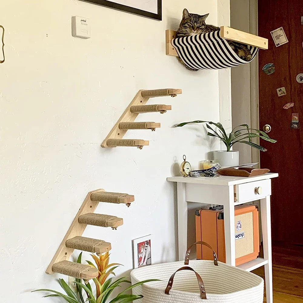 Multi-Level Cat Wall Climbing Shelf and Scratching Post with Enclosed Hiding House