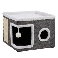 Large Cat Bed for Indoor Cats, Soft Foldable Cat Cave Hideaway for Kittens & Adult Cats with Sisal Scratch Pad & Hanging Fluffy Ball, 16.5"X16.5"X14", Grey