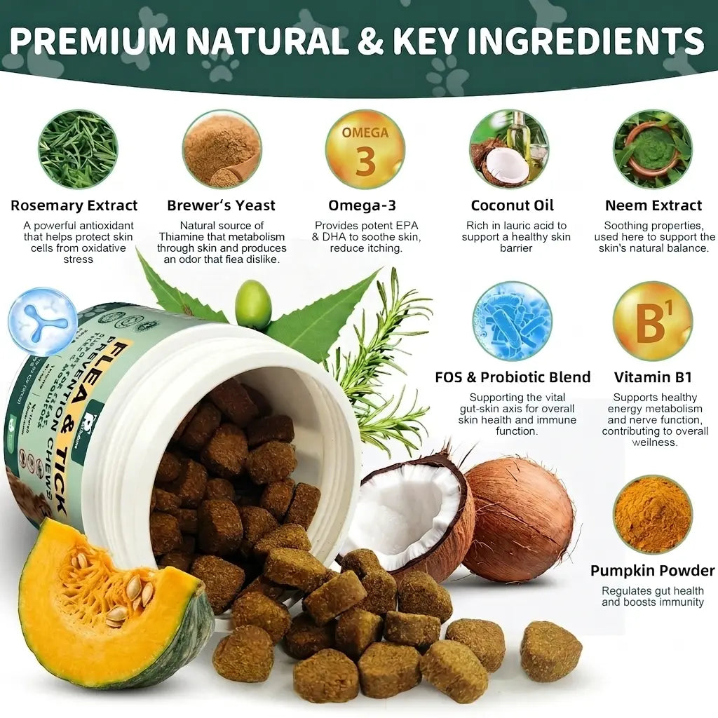 150 Count Petrivium Dog Flea and Tick Support Soft Chews - Natural Oral Supplement for All Breeds and Sizes - Chicken Flavor